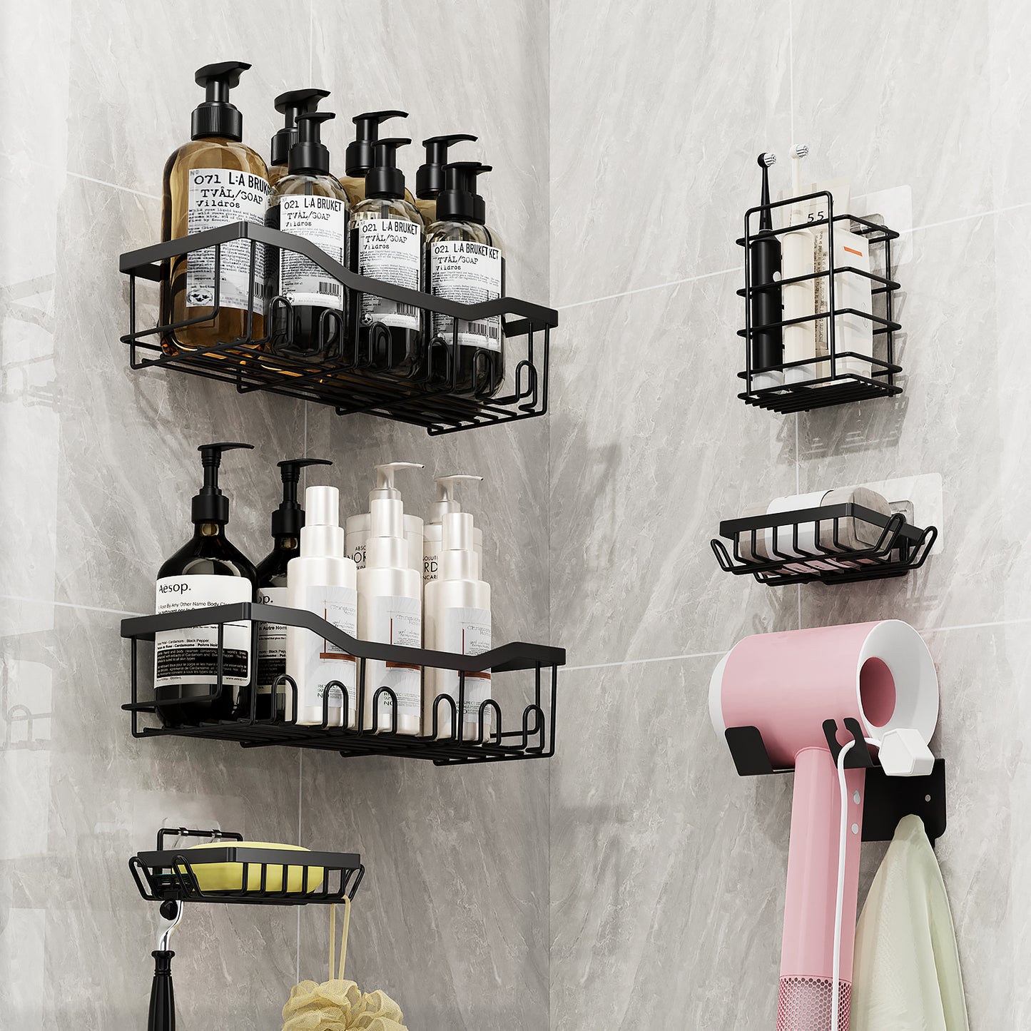 ONAIL Shower Caddy 6 Pack,Adhesive Bathroom Shower Organizer for Bathroom Storage&Home Decor&Kitchen,No Drilling,Large Capacity, Rustproof Stainless Steel Shower Shelves Rack for Inside Shower, Black，grey